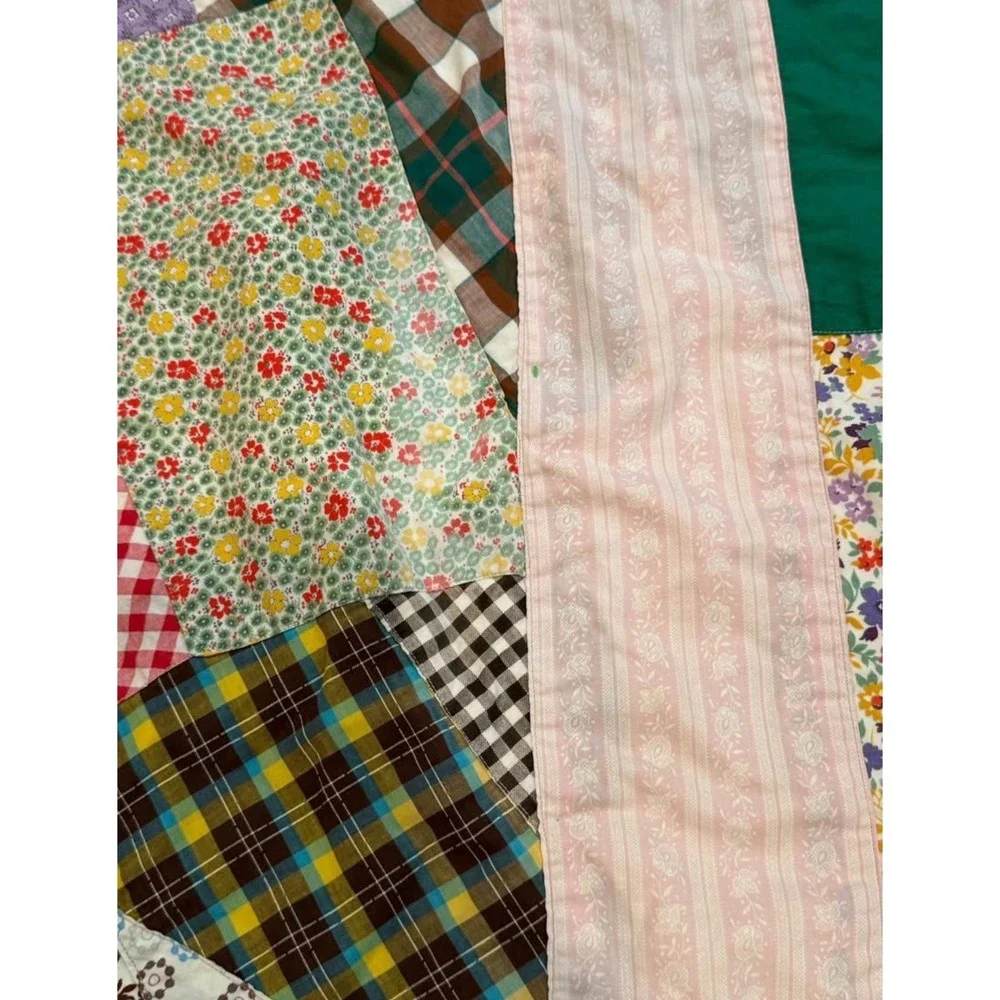 Vintage Reversible Hand Tied Scrappy Nine Patch Star Quilt 86
